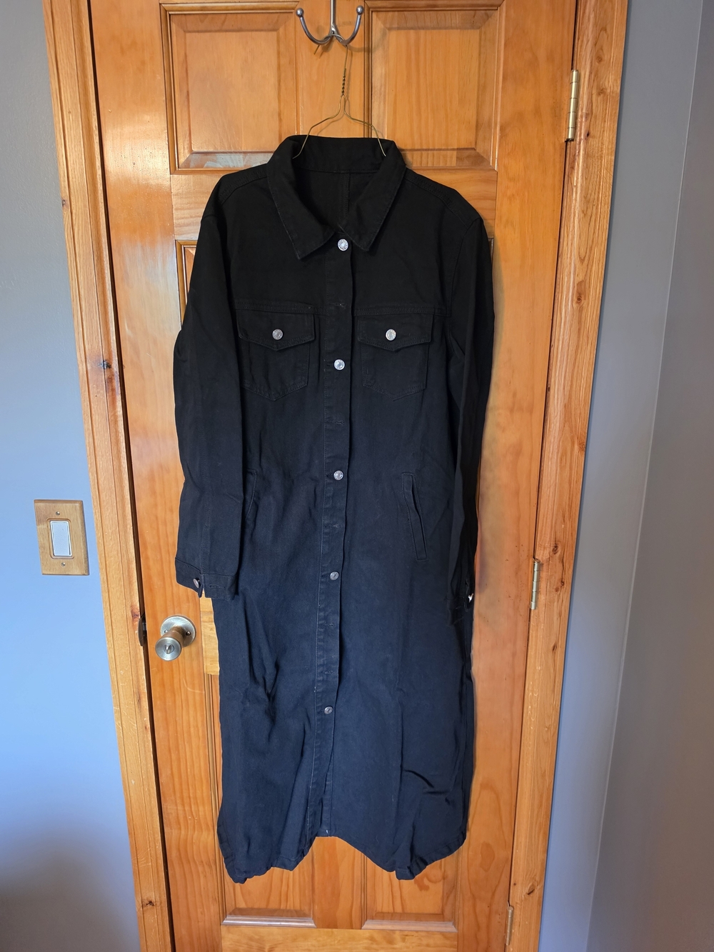 Black Long Denim Button-Front Women's Coat